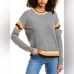 Threads of Privilege M 100% Cashmere Gray Rainbow Trim Luxury Sweater Cut Out